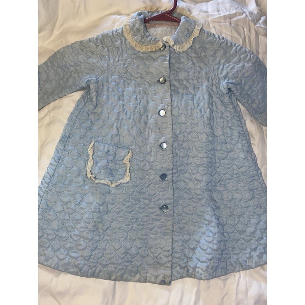 Vintage 60s Duster Robe Quilted Satin Baby Blue Button Up Pockets Fits Toddler 3